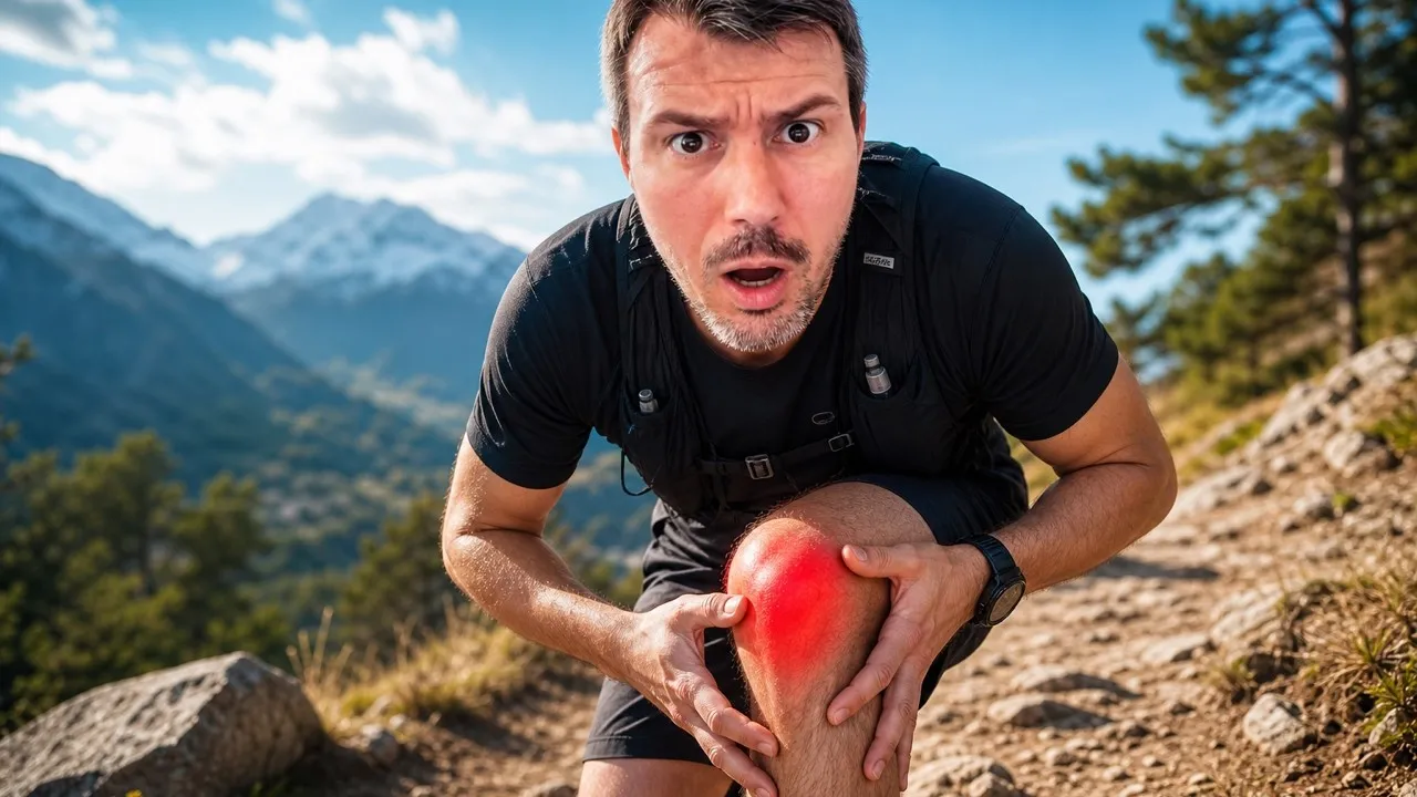 Traileur tenant son genou douloureux sur un sentier de montagne